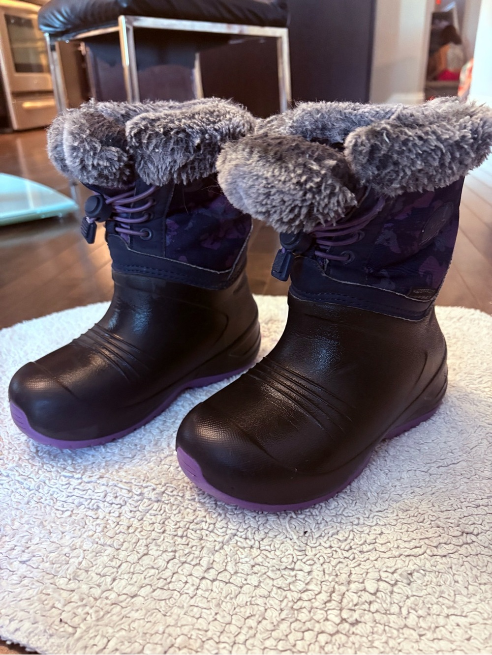 12 - Kids Black and Purple Waterproof Winter Boots with Faux Fur Cuff